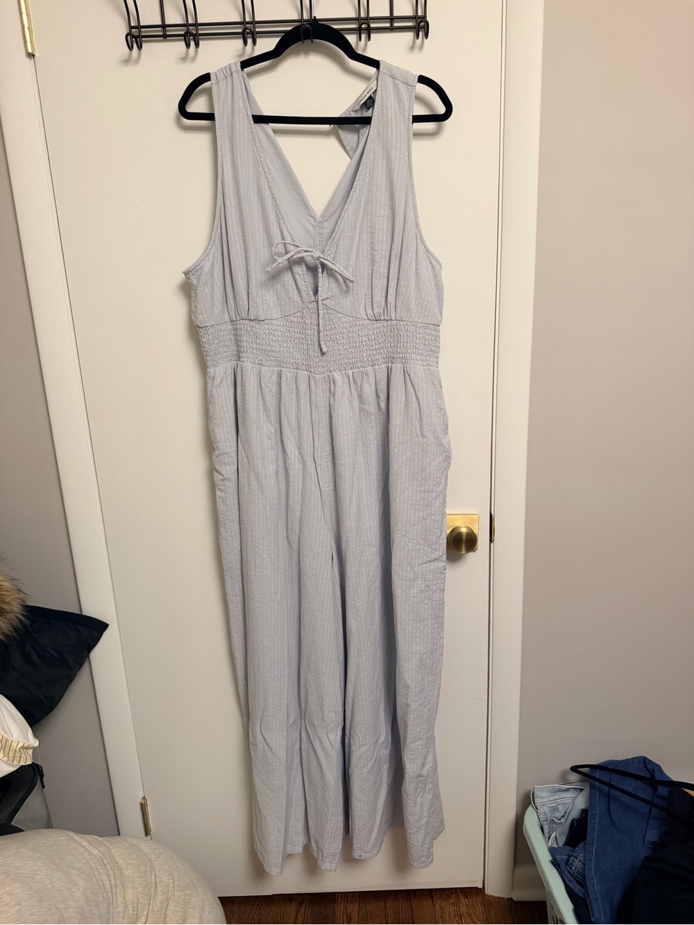 American Eagle. Sleeveless Light Blue V-Neck Jumpsuit with Smocked Waist